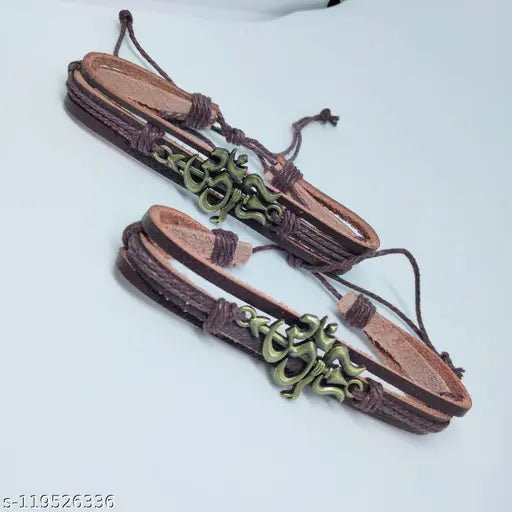 Shiv Om Trishul PU Leather Bracelet Pack Of 3 For Men