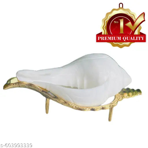 Premium Quality White Jal Shankh with Brass Stand | Pooja Water Conch for Abhishek (Non-Blowing)