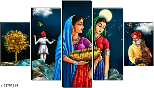 Set Of 5 Rajasthani Traditional Wall Painting With Frame For Home Decoration , Living Room Office , Hotel (76 X 45 CM ) Multicolor , Theme : Religious