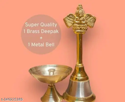 Combo Metal Hand Held Temple Bell Pooja Garud Ghanti.Religious and Spiritual And Brass Diya for Puja Small Size Akhand Diya for Puja