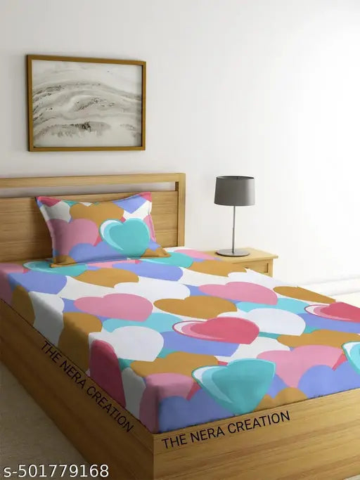 THE NERA CREATION Glace Cotton Single Flat Bedsheet With 1 Pillow Covers Size- 60*90 inches | Single Flat Bedsheet | Pink Heart Bedsheet | Printed Bedsheet | Flat Bedsheet |