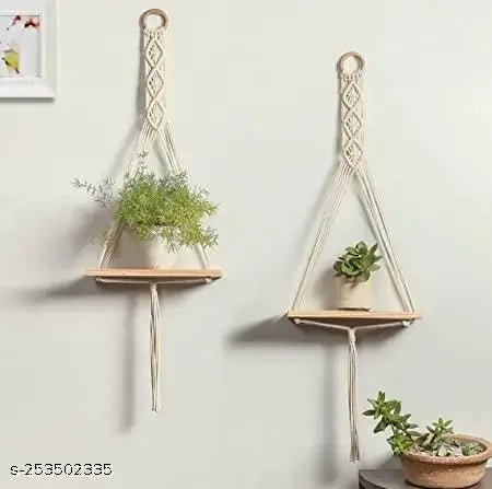 navratri decoration  and Diwali decoration  Macrame Wall Hanging Shelf Cotton Rope Natural Pine Wood Swing Triangle Floating Shelf Shelves  Modern Decor for Living Room Office Festive Toran Bedroom (Pack OF 2, WHITE)