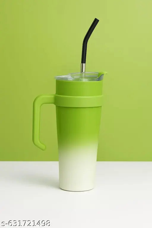 PREMIUM GREEN & WHITE SIPPER TUMBLER  BOTTLE WITH  HANDLE & STRAW  LEAKPROOF TRAVEL MUG FOR COFFE & SHAKES