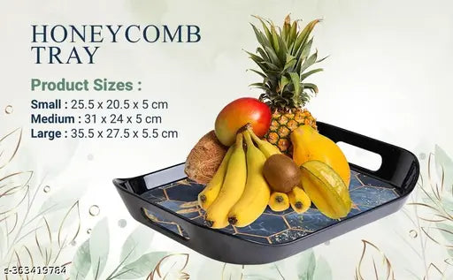 Premium Serving Tray Set of 3 Honeycomb Design Plastic metrial Glossy Finish BPA Free Trays for Kitchen and Office (Black,Set of 3) [ FREE VEG. KNIFE ]