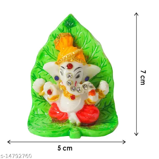 Polyresin Mukut Stone Leaf Design Ganesh Idol Statue with Gold Plate Chatri - Divine Elegance for Car Dashboard, Office, Study Table, Decor, Special Occasion Gifts.Divine Elegance: Polyresin Mukut Stone Leaf Design Ganesh Idol with Gold Plate Chatri emana