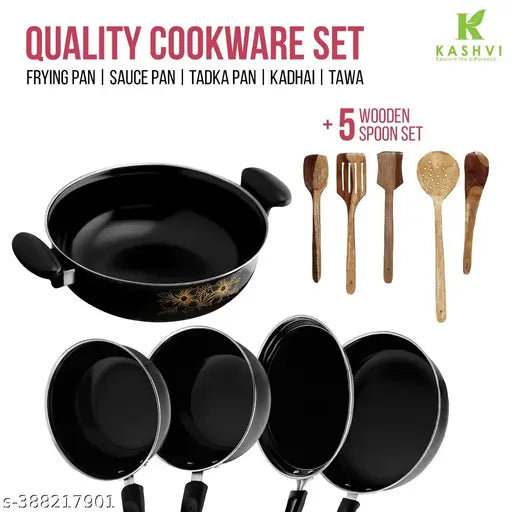 Kishi  Non-stick Cast Iron Cookware Set of 5 | Perfect for Kitchen & Home| (Fry Pan 24 Cm/1.5 L, Kadhai 26 Cm/3.5 Litres with lid, Tawa 25 Cm, Sauce Pan 17cm/1.0 Litres, Tadka Pan 17cm/0.6 Litres) + Wooden Spatulla | Induction Base