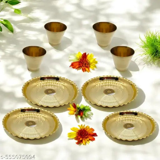 Traditional Brass Pooja Thali and Glass Set, Pack of 8 (Golden)