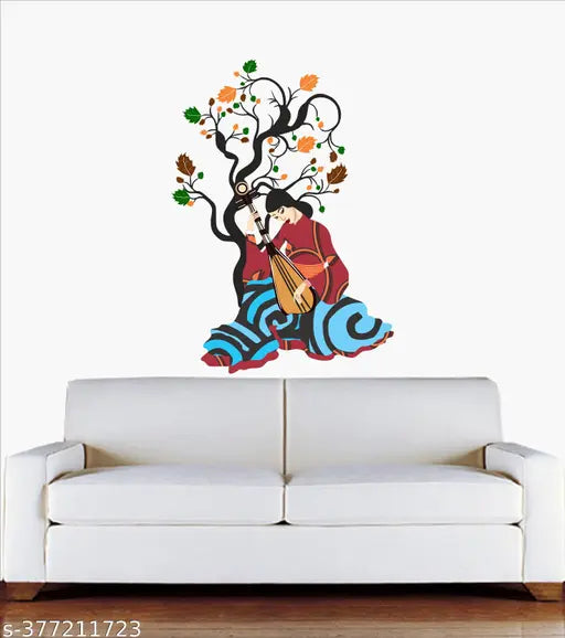 decorative beautiful girl playing sitar under the tree wall sticker  (pvc vinyl covering area 64X91 cm)