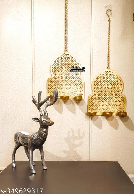 blissful decor Presents 3 Tealight Candle Holder for Home Decor Wall T-Light Holder high Gloss Golden jharokha Design Candle Holder Wall Hanging (Iron) Pack of -2