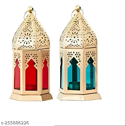 PALMY Hanging Tea Light Lantern | Moroccan Lantern Glass Hanging Lamp Red & sky blue color - For Home Decor & Gifts (Pack of 6) - 7 Inch