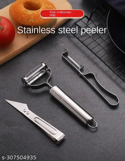 Stainless Steel Vegetable & Fruit Peeler Set with Meat Cutter, Julienne Slicer, and Shredder, Multi-Purpose Durable Razor Sharp Kitchen Tool for Potatoes, Carrots, Cucumbers (3 Pcs)1 x Stainless Steel Peeler 1 x Multi-Purpose Knife 1 x Stainless Steel Cli