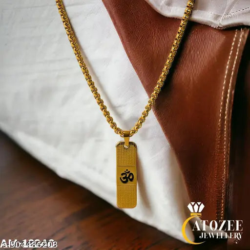 Gold-plated Om pendant necklace/Men's religious jewelry/Stylish Om locket for men/Hindu spiritual pendant/Trendy gold chain with pendant/Fashionable men's necklace/Devotional jewelry for men/Long chain Om necklace