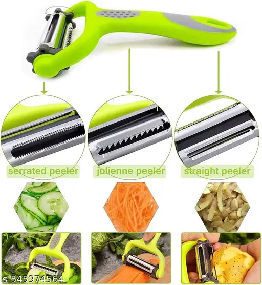 3-in-1 Multi-Functional Peeler – Stainless Steel Julienne, Serrated & Straight Blades for Vegetables, Fruits, Potatoes, Carrots, Salad Slicer Cutter Tool