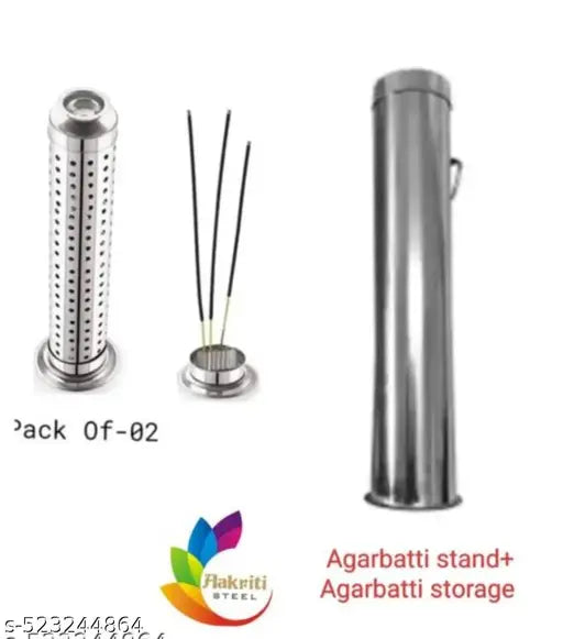 Stainless Steel Agarbatti Stand with Ash Catcher & Dhoop Stand Holder | Incense Stick Holder for Pooja, Home, Office & Temple Incense Storage Box  or Storage Pipe with Combo of Stainless Steel Incense Holder or Stick Holder or Incense Stick Stand.