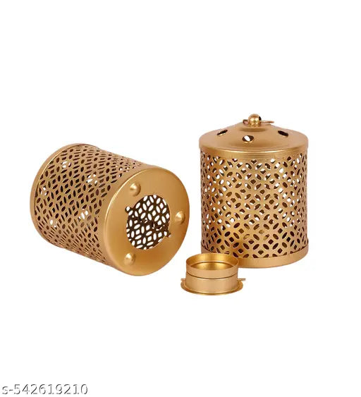 Set of 2 Gold Metal Tea Light Lanterns | Vintage Perforated Candle Holders for Home Décor & Festive Lighting