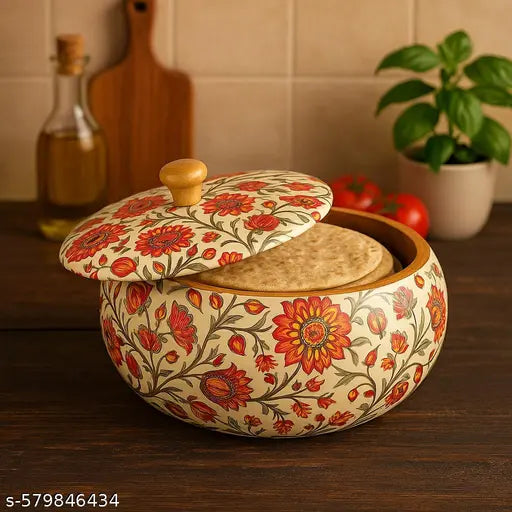 VANMAYA Handcrafted Wooden Chapati Box | Designer Wooden Roti Box with Lid | Multipurpose Hotpot Storage Box for Kitchen Dining | Insulated Wood Roti Container with Floral Print | Traditional Indian Kitchenware