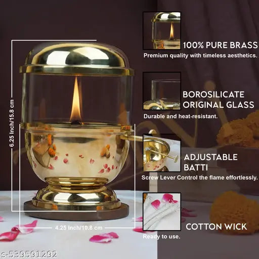 Tishvi Brass Akhand Diya with Glass Cover, 250ml Capacity, Adjustable Wick Mechanism, 48 Hours Burning Time