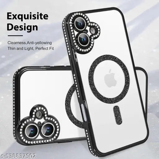 Rakulo Store Clear Magnetic Diamonds Glitter Case for iPhone 16 Plus Case with Full Camera Protection Rhinestone Luxury Plating Bling Transparent Shockproof for Magsaf Women Girls Cute Phone Case (Black)