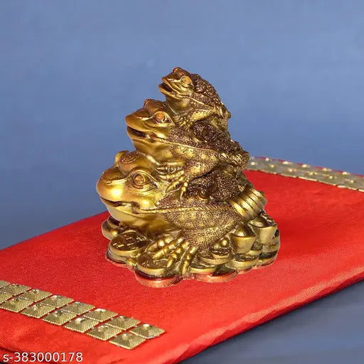 Triple Frog Family With Coin For Happiness, Health, Wealth and Positive Environment - 10 cm
