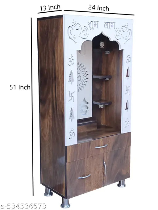 Woodaari Premium Brown Wooden Home Temple with LED Inbuilt Light