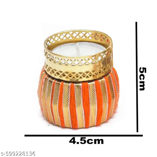 Decorative Tea Light Candle Holders – Set of 2(multicolor) Handmade Velvet Diya Holders with Golden Design for Home Décor, Diwali, Pooja & Festive Decoration