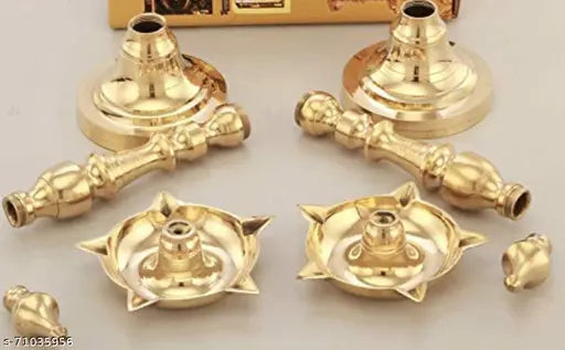 Global Decor Fancy Kashi Samayi Diya Oil Diwali Puja Lamp 100% Natural Gold (Height 10 inch Set of 2)