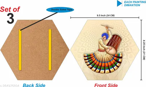 Meera Art & Craft Set of 3 Rajasthani Dance Modern art self adeshive Hexagon Home decorative gift item wall painting for living room , office , hotel MDF framed painting 17 inch X 17 inch(pack of 3 )