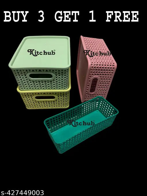 Unbreakable 4 Pieces Plastic Multipurpose Small Size Flexible Storage Baskets/Fruit Vegetable Bathroom Stationary Home Basket with Handles,Multi 0064