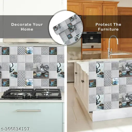 Buy 1 Get 3 Kitchen Wallpaper Pack Of 3 Wallpaper For Kitchen Wall | Cup Plate Wallpaper | Wall Sticker For Kitchen | WaterProof Oil Proof Wallpaper (40x100)Cm Grey Kitchen Wallpaper