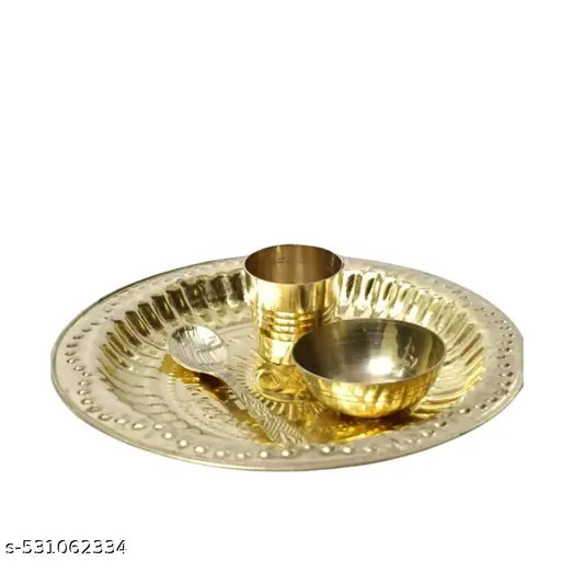 EliteTouch  Kanha Ji Bhog Thali Laddu Gopal Bhog Plate Thali Set Pooja Plates Thali 5 Pcs Set (Size: 4.5 Inch) Bhog Thali Set with 2 Katori, 1 Glass, 1 Spoon