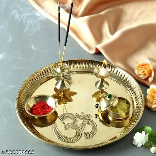 RAINBOW TRADERS Pooja Thali Set Big Size | 8.2 inch Brass Plate for Puja | Golden Thali for Pooja Plate | Puja Ki Thali | Pooja Thali Brass for Home & Festivals