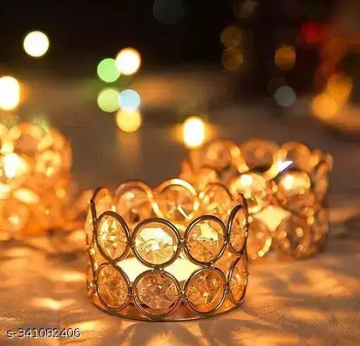 Universal Creation Metal Crystal Candle Holder For Home and festive Decoration | Small Tealight Candle Holder For Table top Decoration for Indoor & outdoor Set of 2