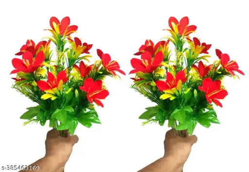 Artificial Flower Red Lily Flower Bunch 7 Sticks For Home Decor (Pack of 2)