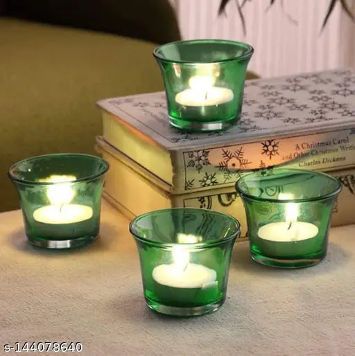 BS AMOR Glass Tealight Candle Holder Decorative Votive Tea Light Holders (6 X 6 X 5 cm, Set of 4, Green)