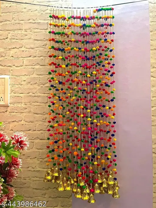 10 Pcs Handmade Wall Door Red Yellow Green Hanging Pom Pom Torans Garland Bandhwar with Golden Bells Decoration Item, Home Decoration, Diwali Decoration, temple Room. ( Size Approx 3.5 Fitt )