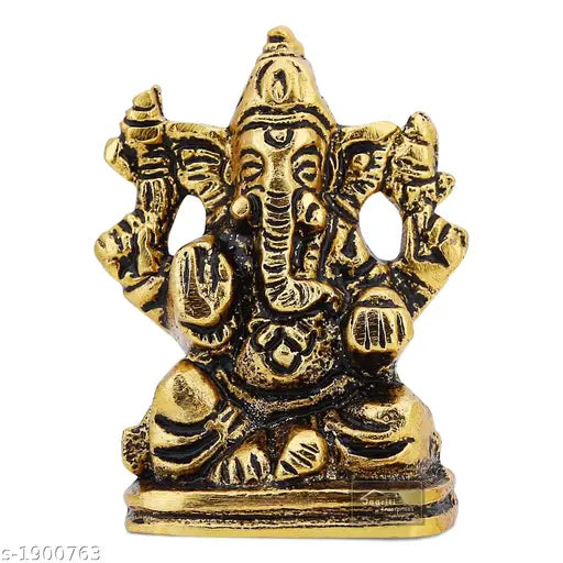 Metal Ganesh Ji Idol for Home Temple, Office Table, Car Dashboard & Spiritual Gift – Brass Look Decorative Religious Showpiece