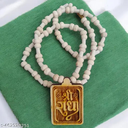 Real & Natural Tulsi Mala with Shree Radha Necklace Wood Locket
