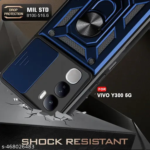 AESTMO Armor Vivo Y300 5G Bumper Back Case Cover | Ring Holder & Sliding Camera Shield Cover | 360 Degree Protection Back Case Cover for Vivo Y300 5G (Blue)
