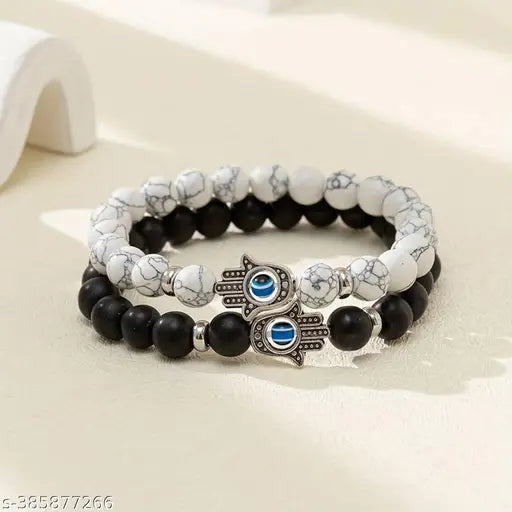 Thrillz Couple Bracelets Black & White Onyx Evil Eye Stretchable Wrist Band Bracelet For Women Men Boys Girls Love Gifts Friendship Promise Bracelets