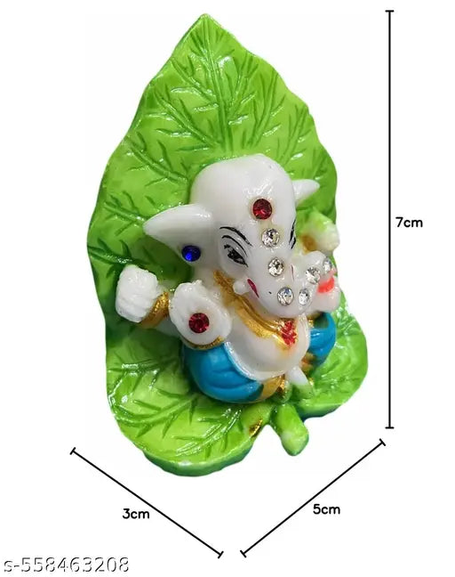 Lord Ganesha Statue on Leaf Background for Car Dashboard for Puja and Home Decoration, Office Table Idols | Statue