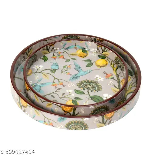 EMPIRIC ART Wooden Serving Tray for Serving, Round small & Large Serving Tray Table Decoration Square  mdf Serving Tray for Wedding & Festive Season Tray Decorative Use Tray (Pack of 2)