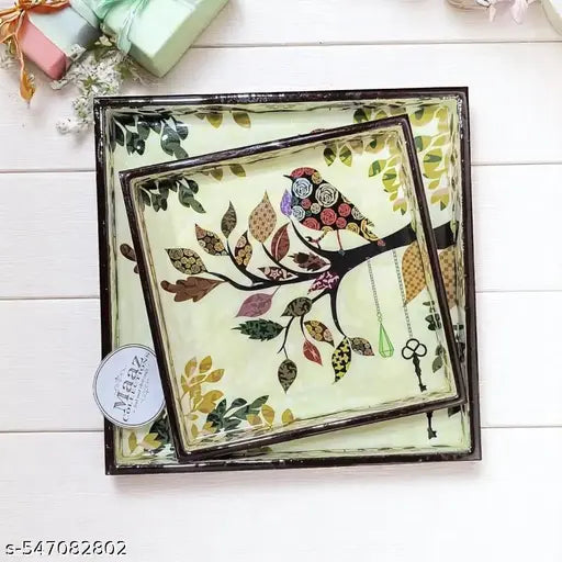 Decorative Wooden Tray Set of 2 | Printed Serving Tray for Kitchen, Dining & Home Decor | Premium MDF Meena Glossy Finish (7 & 9 Inch)