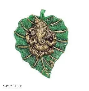 Beautiful Lord Ganesha on Green Leaf Metal Wall Hanging Sculpture Decorative Religious Showpiece for Home Wall Decor, Pooja Room, Temple & House Warming Gift