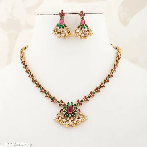 Classic Pearl Gold Plated  Necklace Set With Earrings For Women