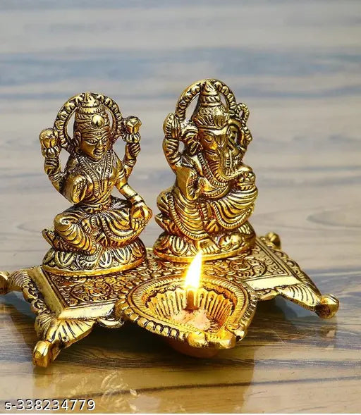 Lakshmi Ganesha with Diya Metal Idol | 15 cm Decorative Murti | Diwali Pooja & Home Temple Decor