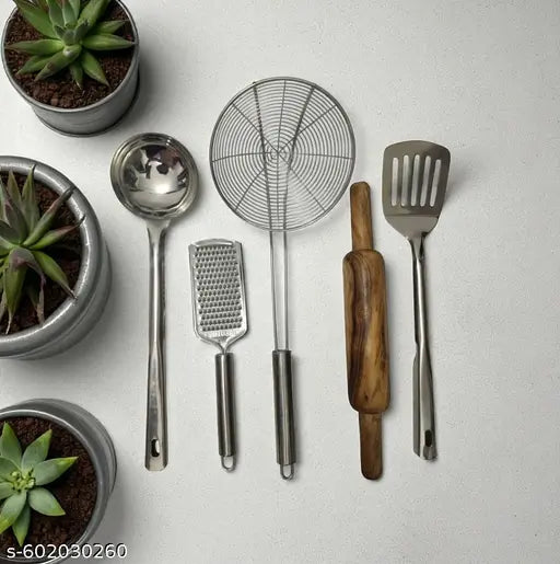 Stainless Steel Kitchen Tool Set with Rolling Pin – 5 Piece Cooking Utensils for Home