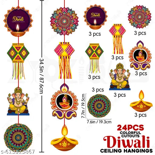 Zyozique® Diwali Festival Decorations Set, Paper Banner with Ganesha Motifs, Shubh Deepavali Paper Banner With Diya Motifs, Traditional Hanging Decor Cutouts Multicolor - Pack Of 35
