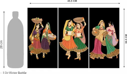 WALLMAX Set of 3 Rajasthani Woomen Painting UV Textured Wall Painting 12 Inch x 18 Inch Painting