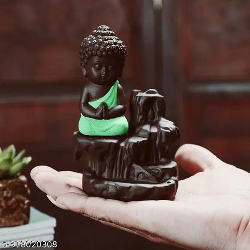 Green budha smoke fountain incense burner Meditating Monk Buddha Smoke Backflow Fountain Cone Incense Holder Decorative Showpiece with Free 15 Smoke Backflow Scented Cone Incense ( Green)