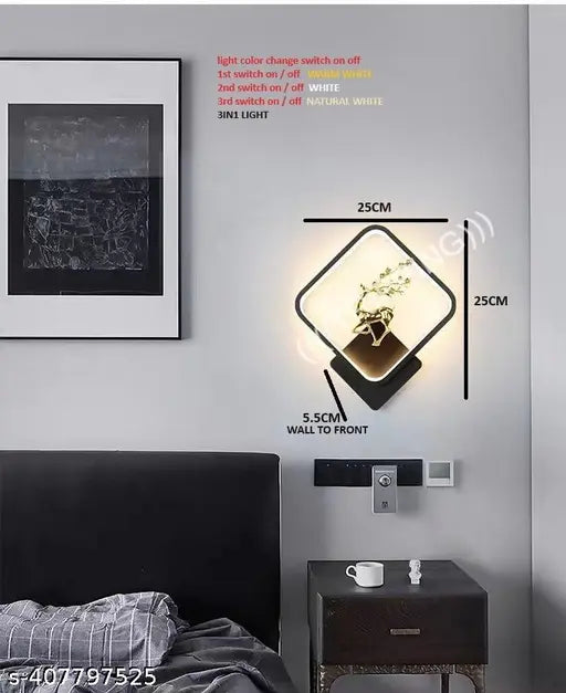 Glintac Black Body Home Decore Led Fancy Wall Light,Night Lamp,Decorative Lamp,Wall Hanging Lights for Bedroom,Living Room, Warm White(Square full Deer Bk)